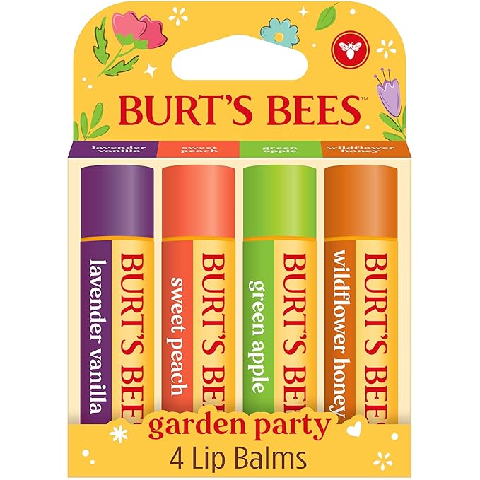 Burt's Bees Christmas Gifts - Garden Party Lip Balm Set for Stocking Stuffers, With Responsibly Sourced Beeswax, Natural Origin Lip Treatment, 4 Tubes, 0.15 oz.