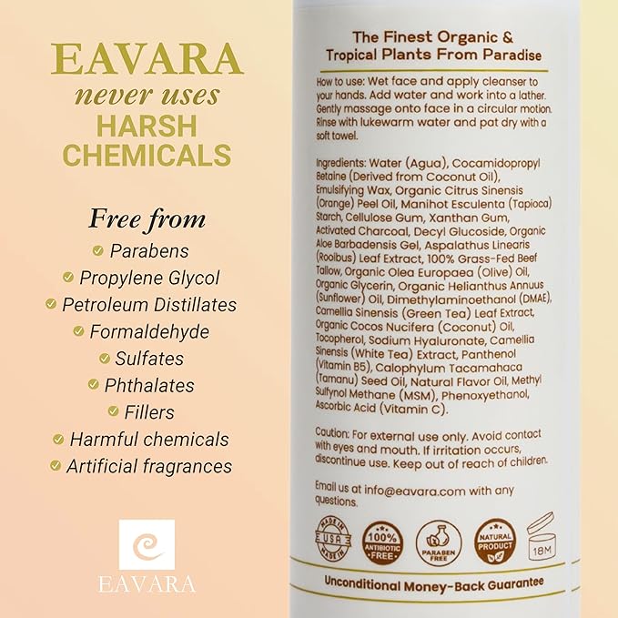 Beef Tallow Face Wash – Natural and Hydrating with Activated Charcoal, Aloe, Hyaluronic Acid, and Green Tea – Facial Cleanser with Grass Fed Beef Tallow – Face Wash for Women and Men – 6oz Pump