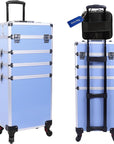 5 in 1 Professional Makeup Train Case Aluminum Cosmetic Case Rolling Makeup Case ExtraLarge Storage Organizer with Key Swivel Wheels Salon Barber Case for Make Up Nail Hairstylists, Blue