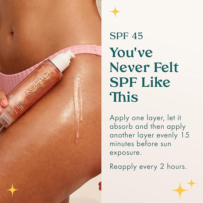 Kopari Sun Shield Body Glow, Broad Spectrum SPF 45, Lightweight Shimmering Gel Texture Absorbs Quickly, Non Sticky, Glowing Results, Rose Gold 5 oz