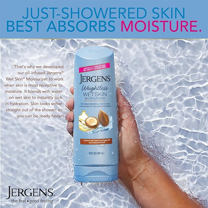 Jergens Wet Skin Body Moisturizer with Restoring Argan Oil, 4X Healthier Looking Skin, Fast-Absorbing, Non-Greasy, Dermatologist Tested, 10 Oz, Pack of 4
