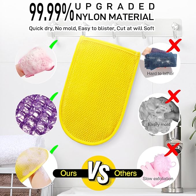 3 Pieces African Net Sponge Exfoliating Mitts Exfoliator Gloves Visibly Lift Away Dead Skin, Great for Spray Tan Removal or Keratosis PilarisExfoliating Mitts (Pink,Yellow,Purple)