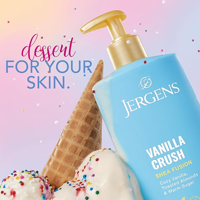 Jergens Shea Fusion Body Lotion Dual Pack, Moisturizer with Shea Butter and Vitamin E, Vanilla Crush 14 fl oz and Warm Amber 14 fl oz, Pack of 2