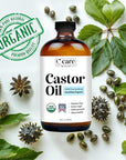 Castor Oil 100% Pure Organic Cold Pressed Unrefined Glass Bottle | USDA Certified Organic | Hexane Free Extra Virgin | For Hair Growth Eyebrows Eyelashes Skin and Castor Oil Pack Wrap