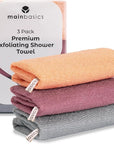 MainBasics Exfoliating Shower Towel - Japanese Nylon Bath Towel and Body Washcloth, Quick-Dry, Durable, Deep Exfoliation (Set of 3, Coral Reef)