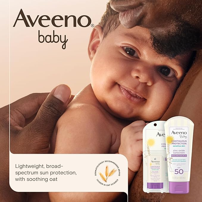 Aveeno Baby Continuous Protection Zinc Oxide Mineral Sunscreen Lotion for Sensitive Skin, Broad Spectrum SPF 50, Tear-Free, Sweat- & Water-Resistant, Paraben-Free, Travel-Size, 3 fl. oz
