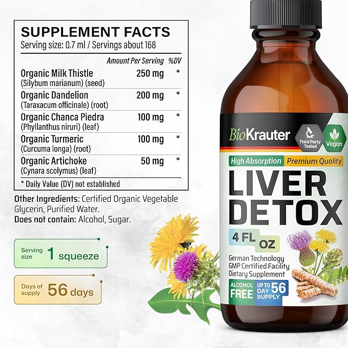 BIO KRAUTER Liver Detox Liquid - Liver Cleanse Detox Liquid Drops - Milk Thistle, Chanca Piedra, Turmeric, Dandelion, Artichoke - Liver Tincture - Vegan Drops 4 Fl. Oz.
