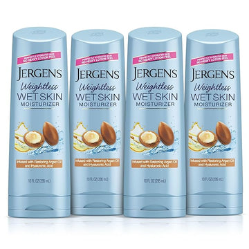Jergens Wet Skin Body Moisturizer with Restoring Argan Oil, 4X Healthier Looking Skin, Fast-Absorbing, Non-Greasy, Dermatologist Tested, 10 Oz, Pack of 4