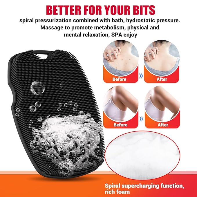 Zinc Infused Silicone Body Scrubber for Shower,Food-Grade Handheld Cleansing Skin Brush, Gentle Exfoliating and Lather Well - Black