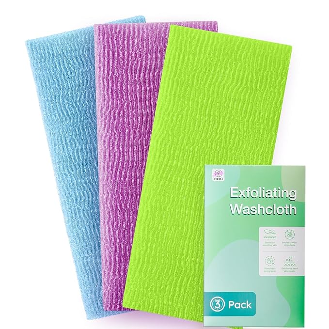 3 Pieces Exfoliating Washcloth Shower Towel African Net Sponge Japanese Wash Cloth Face Exfoliating Sponge Loofah Exfoliating Body Scrubber for Body Exfoliation (Purple,Blue,Green)