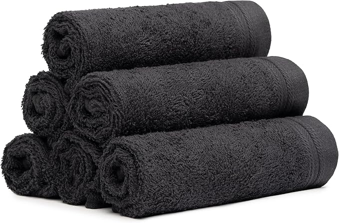 100% Cotton Washcloths Set 13” x 13” | Black Towels | Set of 6 Ultra Soft and Highly Absorbent Washcloths Sets for Bathroom, Gym, Hotel, Spa | Machine Washable Face Towel
