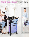 Profesional Rolling Makeup Train Case with Lid, 5 in 1 Cosmetology Case on Wheels, Large Cosmetic Trolley Organizer Travel for Hairstylist Artist Nail Beauty Salon Barber, Gravel Purple