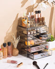 Sorbus Acrylic Makeup Organizer Set, 7-Drawer Vanity & Countertop Cosmetic Storage with Small & Wide Compartments, Black-Tint Makeup Storage for Brushes, Jewelry – Holiday Gift for Women & Teens
