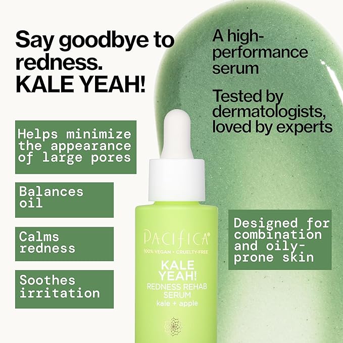 Pacifica Kale Yeah! Redness Rehab Serum – Niacinamide & Super Greens Face Serum to Calm Redness, Minimize Pores & Oil, Soothing Anti-Redness for Oily/Combination Skin Vegan Dermatologist Tested