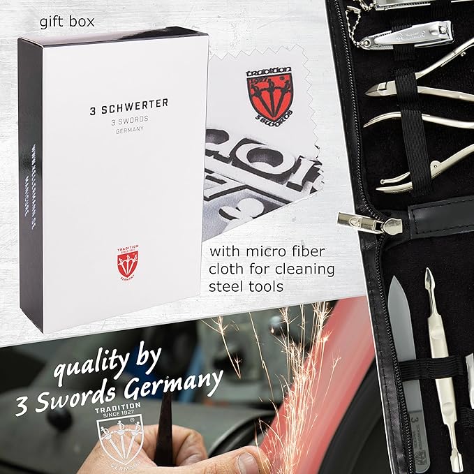 3 Swords Germany - brand quality 12 piece manicure pedicure grooming kit set for professional finger & toe nail care with black genuine leather case - Made in Germany