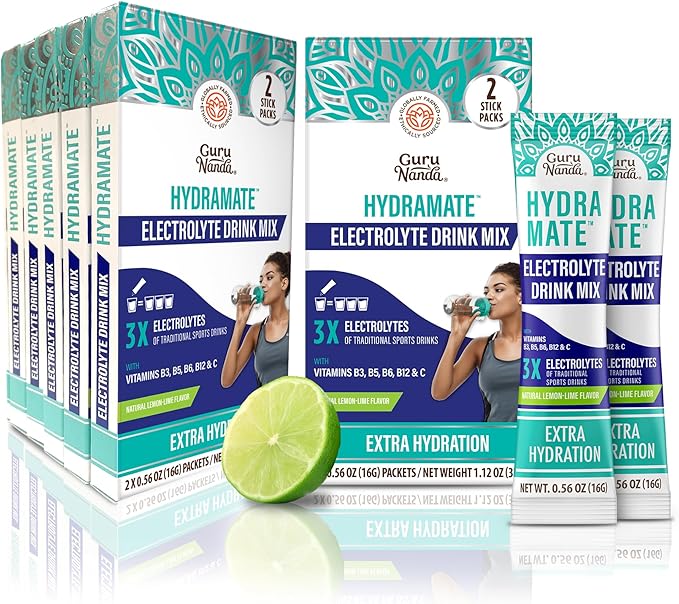 GuruNanda Hydramate Hydration Support Drink Mix - Electrolyte Powder Packets for Dehydration, Exercise & Energy - No Added Sweeteners, Non-GMO, Natural Lemon Lime Flavor - 12 Count (0.56 oz Each)