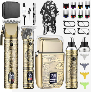 Professional Hair Clippers for Men,Cordless Barber Clippers and Trimmers Set,Beard Trimmer for Men，Electric Razor Foil Shavers for Ear, Face, Nose, Barber Kit with LCD Display (Bronze)