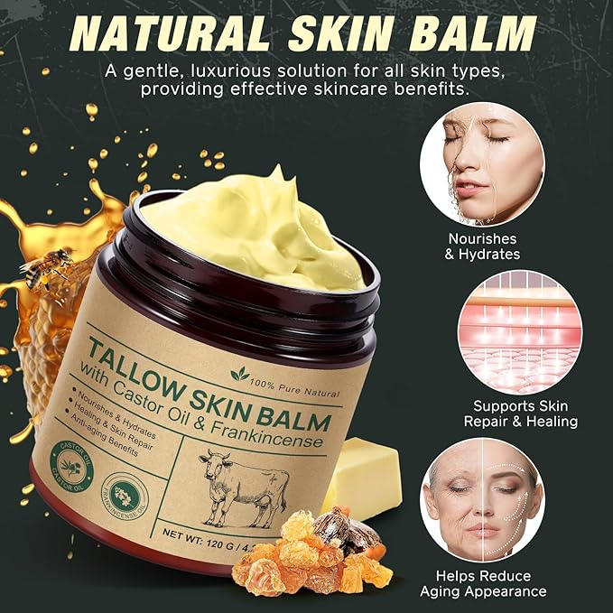 Tallow Castor Oil Frankincense Oil Handmade Skin Balm, Face & Body Moisturizer for Sensitive Skin, Eczema All-Purpose Balm, 100% Grass-Fed Tallow for Skin Care
