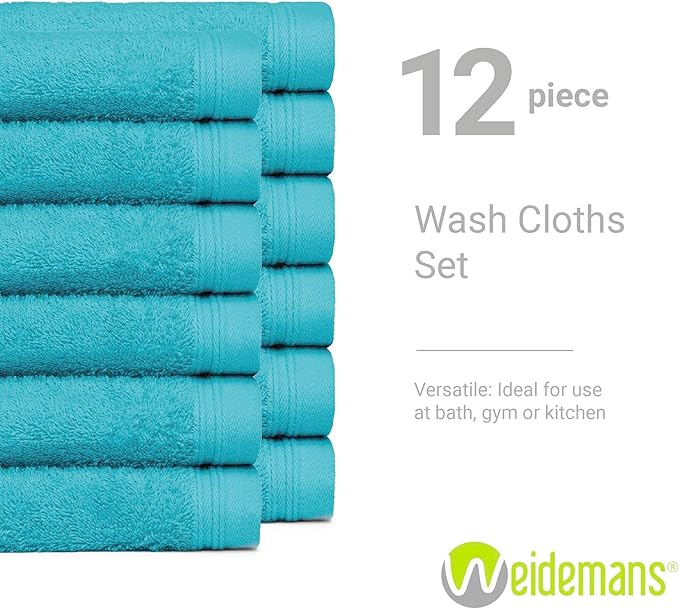 100% Cotton Washcloths Set 13” x 13” | Teal Blue(Turquoise) Towels | Set of 12 Ultra Soft and Highly Absorbent Washcloths Sets for Bathroom, Gym, Hotel, Spa | Machine Washable Face Towel