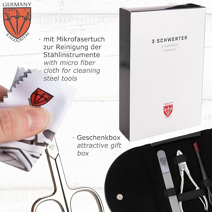 3 Swords Germany - brand quality 7 piece manicure pedicure kit set - nail care tools by 3 Swords - black genuine leather