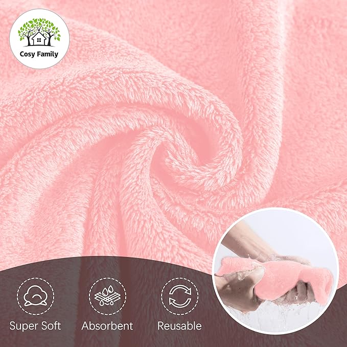 Cosy Family 24 Pack Soft Washcloths Set - 12 x 12 inches, Quick Drying - Highly Absorbent Coral Velvet Fingertip Towel Bathroom Wash Clothes for Bath, Spa, Facial, Kitchen - Pink