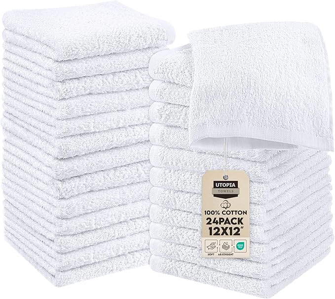 Utopia Towels 24 Pack Cotton Washcloths Set, 100% Ring Spun Cotton, Premium Quality Flannel Face Cloths, Highly Absorbent and Soft Feel Fingertip Towels, White