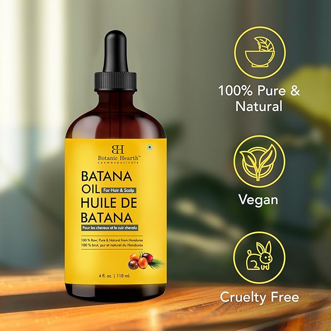 Botanic Hearth 100% Pure Batana Oil For Hair Growth | Infused with Batana Kemel Oil | Hair Oil Repairs Dry Damaged Hair, Strengthening, Healthier - Hair Tonic, 4.0 fl oz