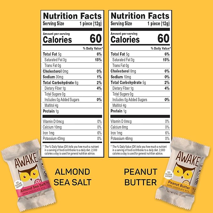 AWAKE - Caffeinated Chocolate Bites - Variety Pack (No Sugar Added), 50 Bites - Almond Sea Salt & Peanut Butter Dark Chocolate - 50mg Caffeine - Coffee Alternative - Fairtrade, Gluten Free - 0.48oz
