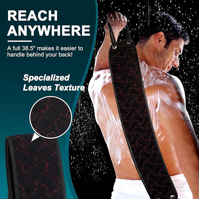Exfoliating Back Scrubber for Use in Shower, 38.5 Inch Back Washer with Handles, Dual-Sided Body Exfoliator for Daily & Deep Skin Cleaning, Bath Back Scrub Washcloth for Men & Women (Black)