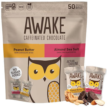AWAKE - Caffeinated Chocolate Bites - Variety Pack (No Sugar Added), 50 Bites - Almond Sea Salt & Peanut Butter Dark Chocolate - 50mg Caffeine - Coffee Alternative - Fairtrade, Gluten Free - 0.48oz