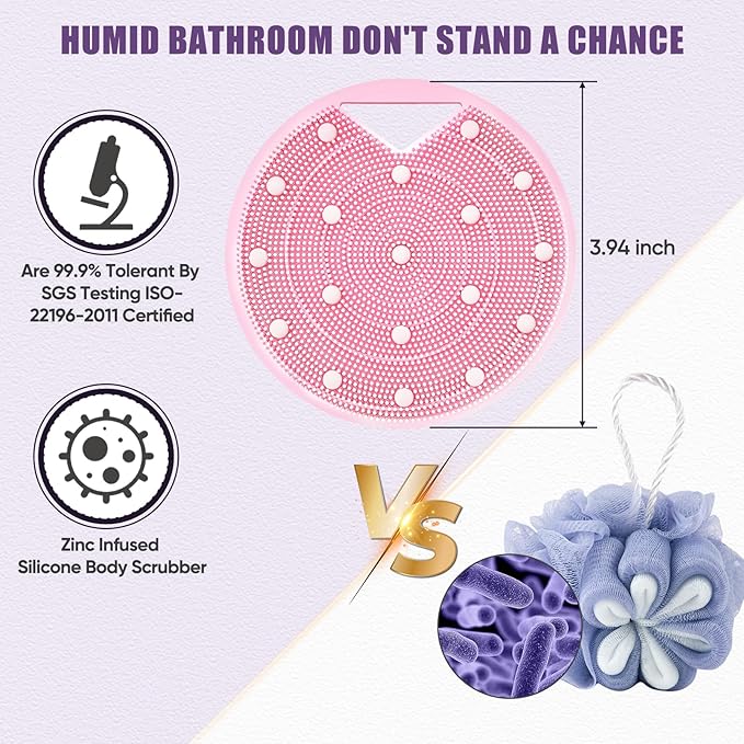 Lymphatic Drainage Silicone Body Scrubber for Shower - Exfoliating Silicone Loofah with Zinc Infused and Stiff Massage Nodes，for Improving Skin Health and Reduces Acne -Pink