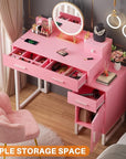 Vanity Desk with 4 Storage Drawers - Modern Makeup Vanity Table with Charging Station, Pink Vanity Desk with Reversible Cabinet Dressing Table Set with Divided Organizers for Women Girls, Pink & White