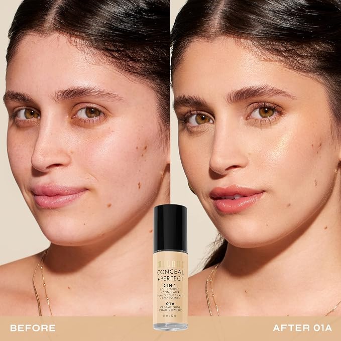 Milani Conceal + Perfect 2-in-1 Foundation + Concealer for a Flawless Complexion, Under Eye Corrector, Cover Redness and Imperfections, Waterproof and Sweatproof - Creamy Nude