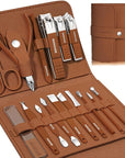 Manicure Set Professional Nail Clippers Pedicure Kit, 16 pcs Stainless Steel Nail Care Tools Grooming Kit with Luxurious Travel Leather Case for Thick Nails Men Women Gift (Brown)