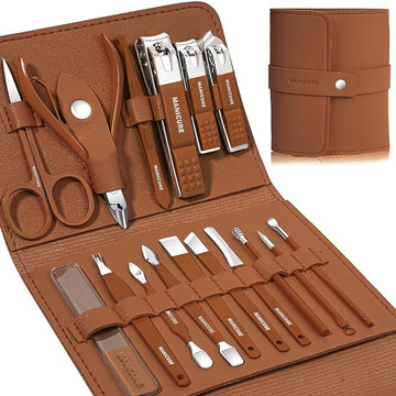 Manicure Set Professional Nail Clippers Pedicure Kit, 16 pcs Stainless Steel Nail Care Tools Grooming Kit with Luxurious Travel Leather Case for Thick Nails Men Women Gift (Brown)