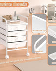 4 Tier Utility Rolling Cart with 4 Drawers Multipurpose Rolling Storage Cart with Wheels and Handles for Office Classroom Kitchen Bathroom Bedroom Organization White