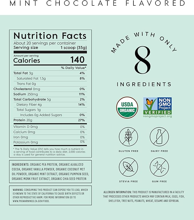 Truvani Vegan Pea Protein Powder | 20g Organic Plant-Based Protein | Keto | Gluten & Dairy Free | Low Carb | No Added Sugar | Mint Chocolate | 20 Servings |