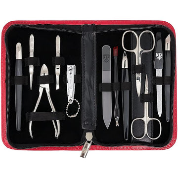3 Swords Germany – brand quality 12 piece manicure pedicure grooming kit set for professional finger & toe nail care with red synthetic leather case - Made in Germany