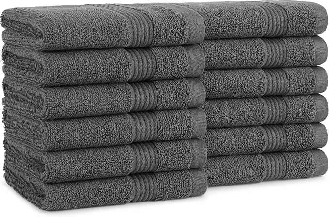 Arkwright Bath Washcloths 12 Pack - Super Soft 100% Cotton, 600 GSM Quick Dry & Absorbent, Luxury Face & Body Wash Cloth Towels for Hotels, Spa, and Vacation Rentals, Pewter Grey