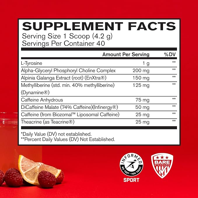 BARE PERFORMANCE NUTRITION, BPN in-Focus Brain Support Supplement, Improve Focus & Energy, Alpha GPC, Raspberry Lemonade, 40 Servings