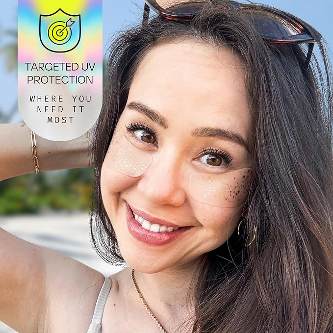 Sun Patch Under-Eye UV Protection Patches – Sparkle Sun Kiss Gold – Reusable UPF 50+ Silicone Patches for Sun Protection & Style – 2 Pairs (4 Total) – Waterproof, Hypoallergenic