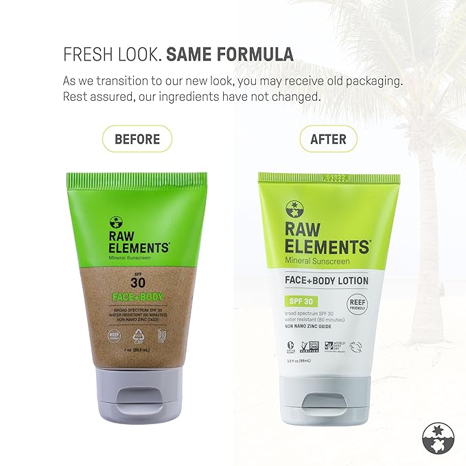 Raw Elements Face and Body Mineral Sunscreen SPF 30 Tube, Organic Sunblock Daily Protection, Non Toxic Reef Safe, Water Resistant, Cruelty Free, 3 oz (Pack of 1)