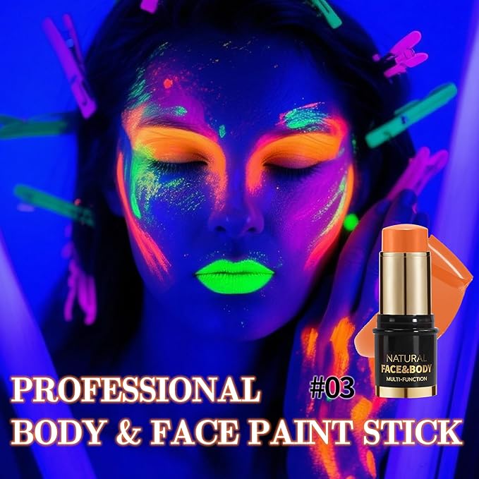 UV Neon Orange Face Body Paint Stick, Colored Professional Full-Coverage Oil-Based Eye Black Stick for Halloween Cosplay Christmas, Face Painting Foundation Makeup Glow in the Dark Party Supplies-03
