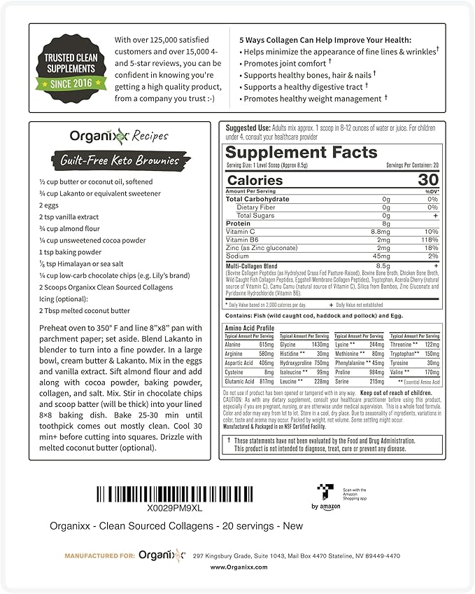 Organixx Collagen Peptides Powder with Vitamin C, Types I, II, III, V, X Hydrolyzed Collagen, Hair, Nail, Skin, Bone & Joint Health, Aging Support, Clean Sourced, Gluten Free, Unflavored, 20 Servings