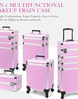 Professional Rolling Makeup Case with Wheels, 5-in-1 Makeup Train Case, Cosmetic Makeup Trolley Cart Travel Cosmetology Case On Wheels with Key for Hairstylists, Nail Tech (Pink Crystal)
