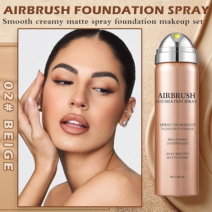 Airbrush Foundation Spray,Buildable Coverage Airbrush Makeup,Silk Flawless Foundation for Older Women,Teenagers,Middle-aged,Waterproof base de maquillaje (02 Beige)