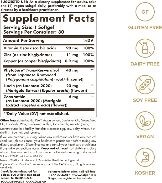 Solgar Digital Defense Age-Defying Nutrition for Adults—Support Eye Health with Antioxidants Vitamin C, Resveratrol and Zinc, Lutein & Zeaxanthin, Once Daily, Vegan, Dairy & Gluten Free, 30 Servings