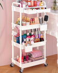 Goovilla Rolling Makeup Organizer Cart with Removable Drawer, 4 Tier Stable White Floor Skincare Storage Cart for Vanity, Cosmetic Display, Nail Polish, Perfume, Hair Stuff, Beauty, Bathroom(Plastic)