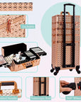 AROUS 5 in 1 Rolling Makeup Train Case Cosmetology Case on Wheels Large Cosmetic Organizer Travel Cart for Hairstylist Artist Nail Beauty Salon Barber,Gold