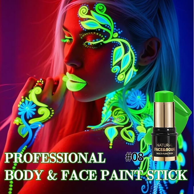 UV Neon Green Face Body Paint Stick, Colored Professional Full-Coverage Oil-Based Eye Black Stick for Halloween Cosplay Christmas, Face Painting Foundation Makeup Glow in the Dark Party Supplies-08
